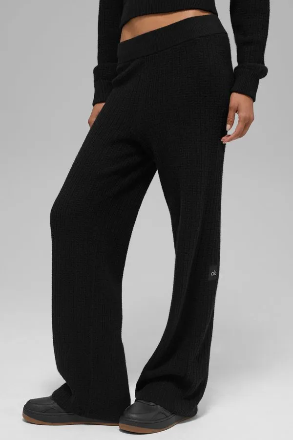 Kaschmir High-Waist Plüsch-Waffel-Hose - Schwarz
