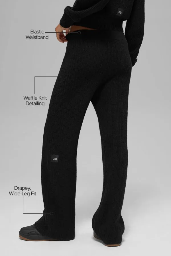 Kaschmir High-Waist Plüsch-Waffel-Hose - Schwarz