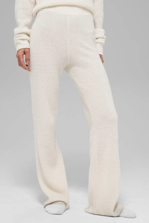 Kaschmir High-Waist Plüsch-Waffel-Hose - Elfenbein