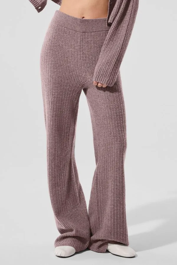 Kaschmir High-Waist Plüsch-Waffel-Hose - Champignonbeige meliert